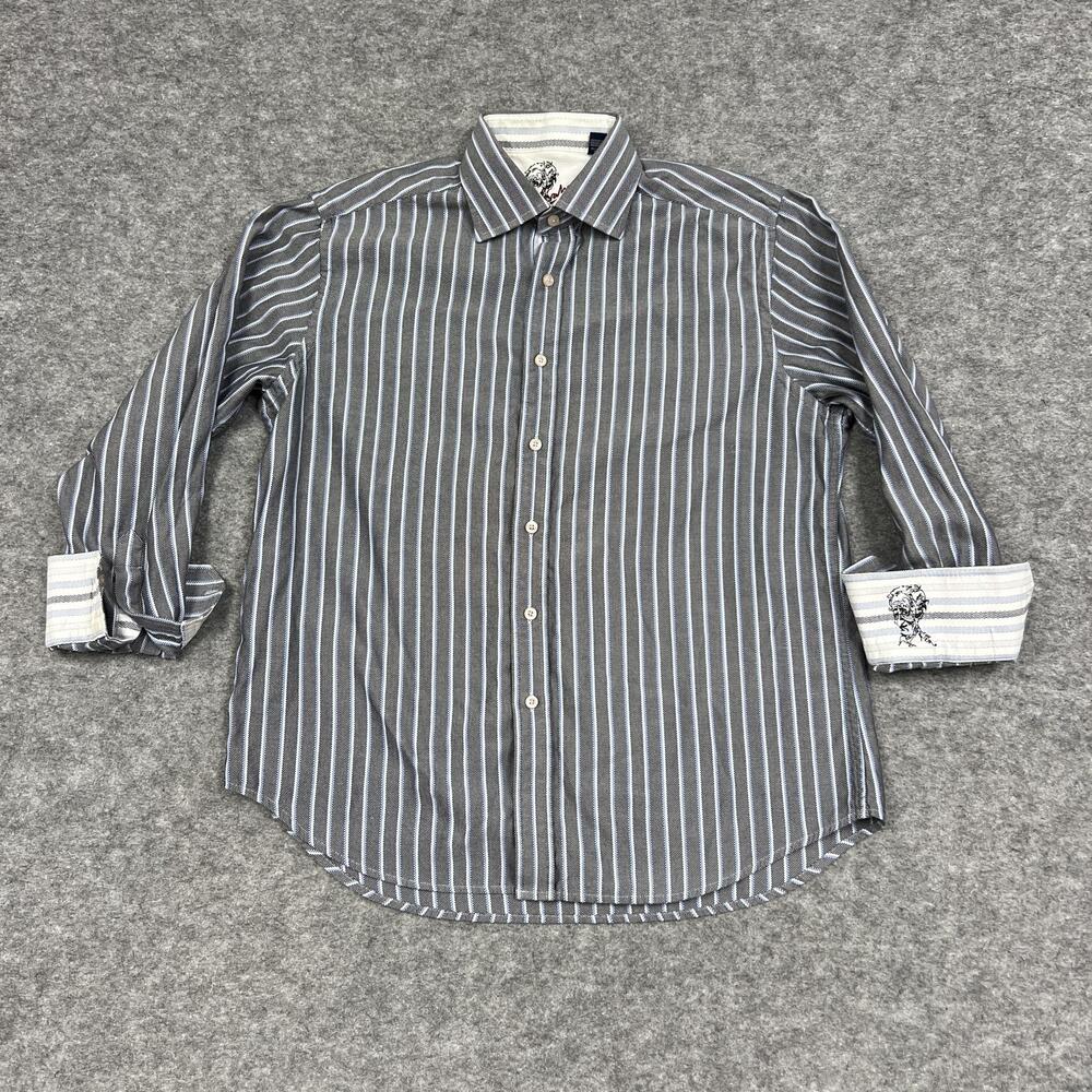 Robert Graham Shirt Mens Large Gray Button up Contrast Trim Flip Cuff Striped